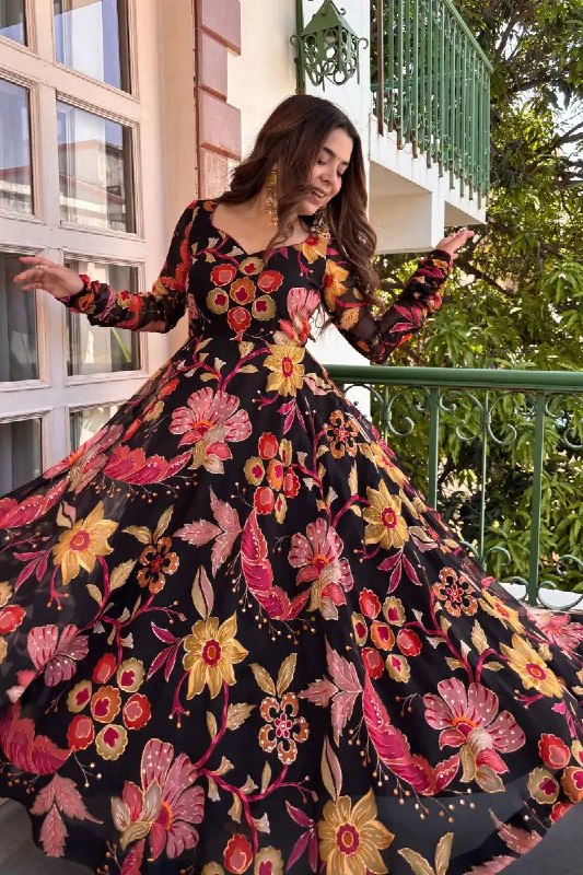 Festive Wear Black Floral Anarkali Suit Set for Women | Designer Mehendi & Wedding Wear