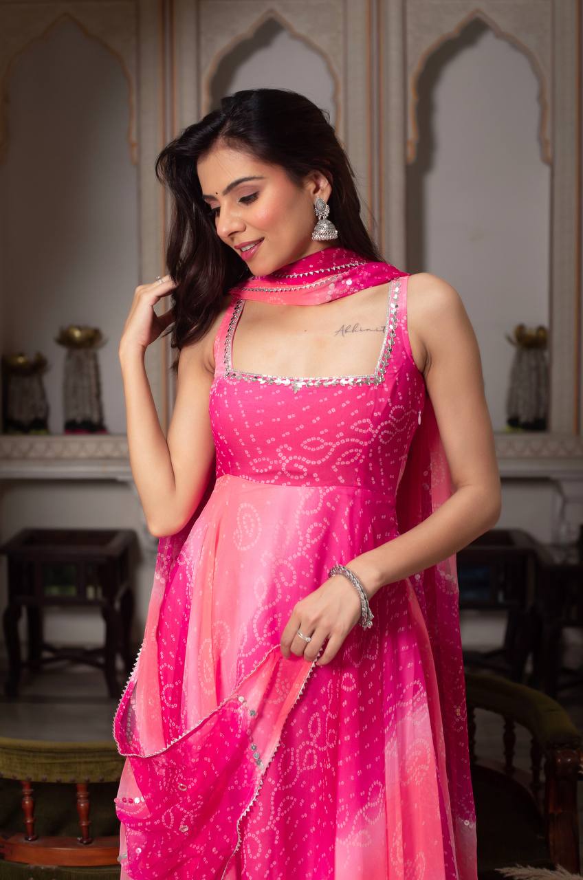 Luxury Pink  Real Mirror Handwork Anarkali Suit Set with  Dupatta & Pant