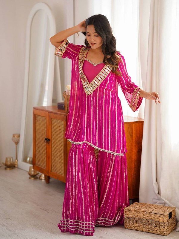 Rani Pink Mirror Work Sharara Suit Set for Women | Stylish Indo-Western Mehendi, Haldi & Festive Outfit