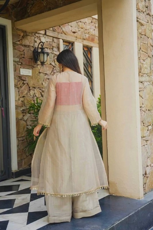 champagne beige Designer Salsa Silk Mirror Work Anarkali Palazzo Suit Set for Women | Wedding Wear & Festive Wear