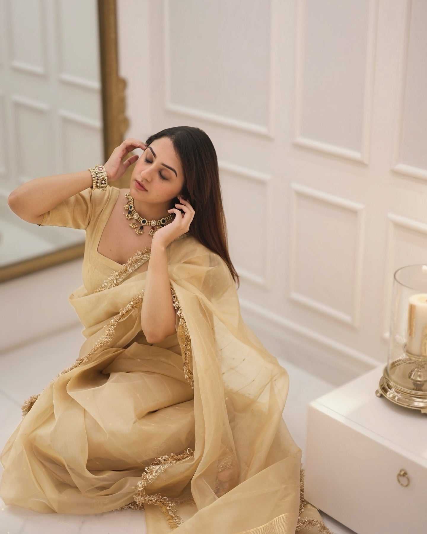 Gold Shimmer Saree with Matching Blouse – Elegant Party Wear