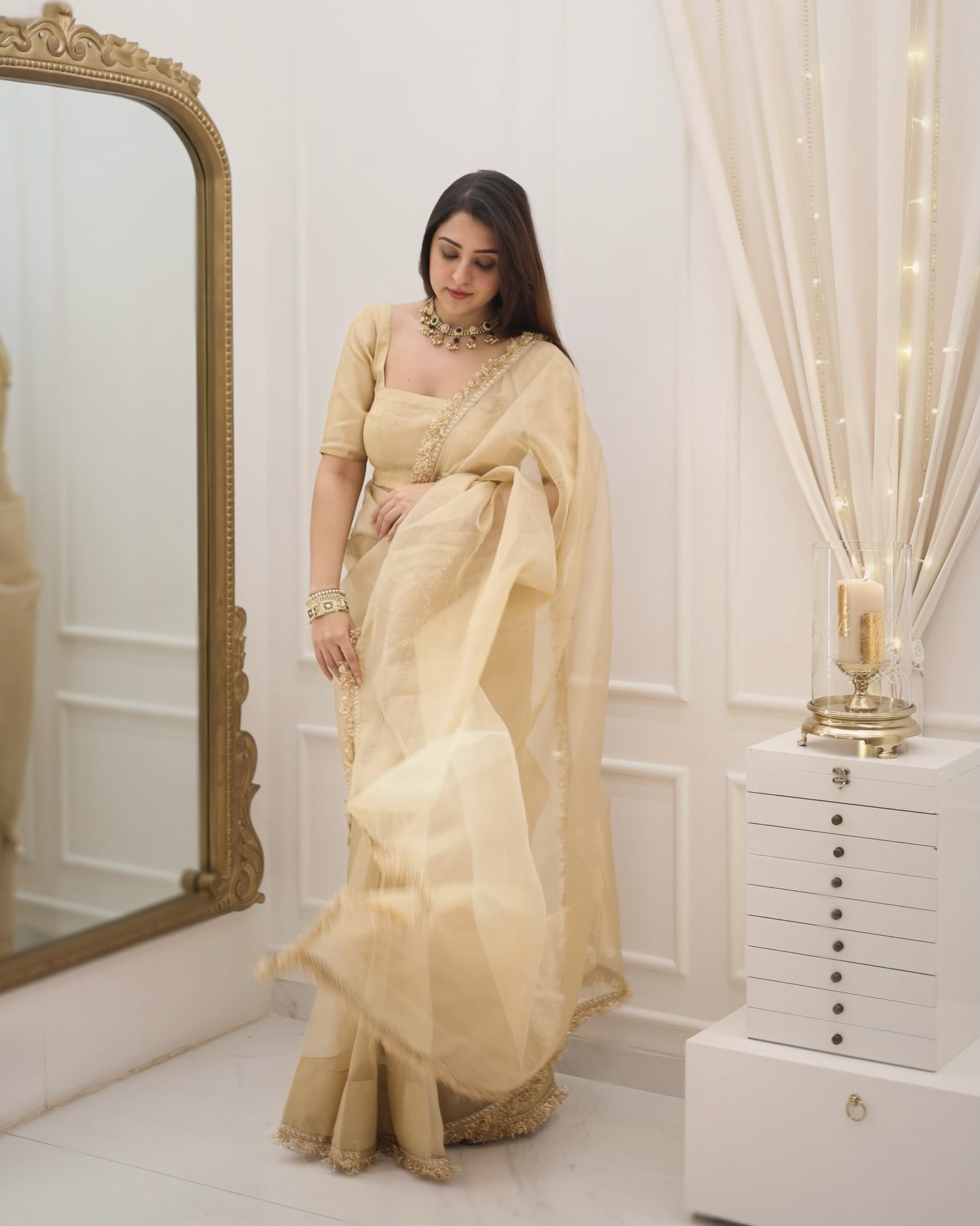 Gold Shimmer Saree with Matching Blouse – Elegant Party Wear