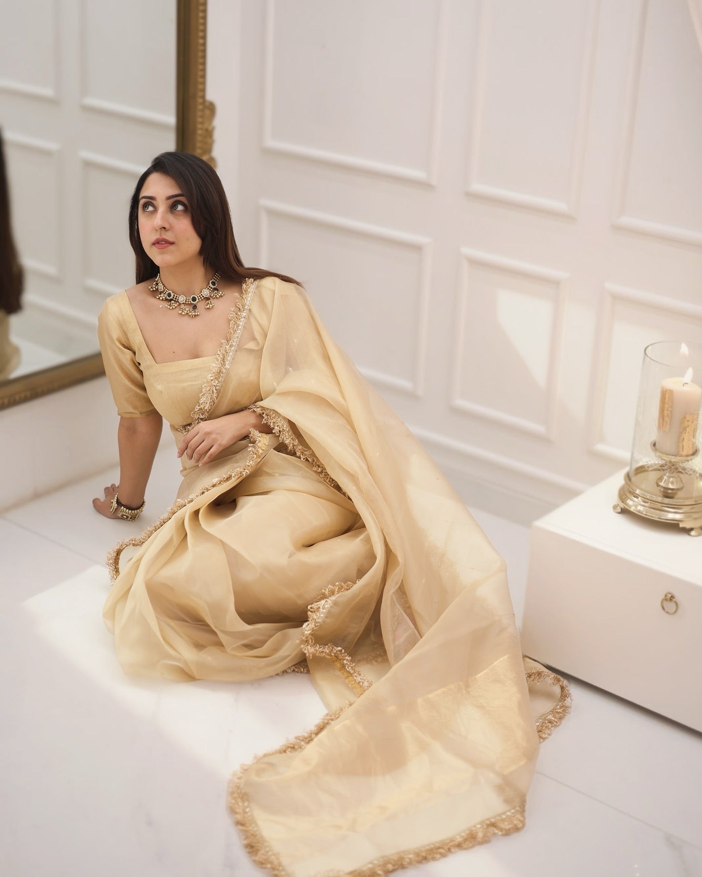 Gold Shimmer Saree with Matching Blouse – Elegant Party Wear