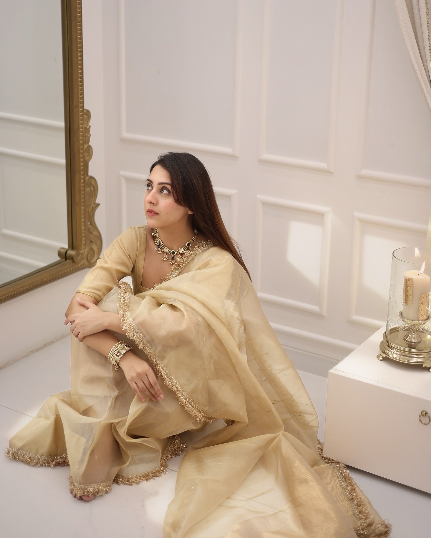 Gold Shimmer Saree with Matching Blouse – Elegant Party Wear