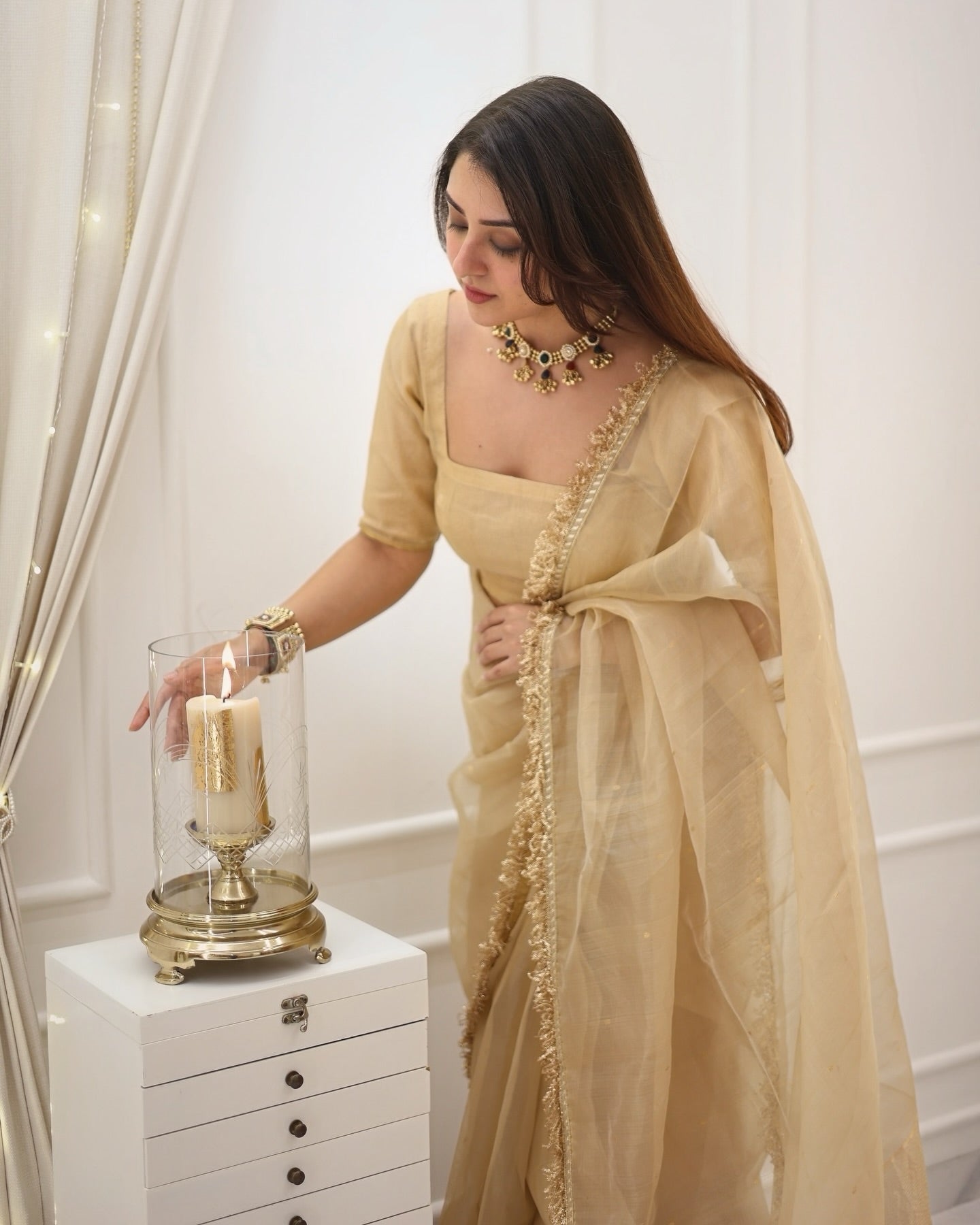 Gold Shimmer Saree with Matching Blouse – Elegant Party Wear