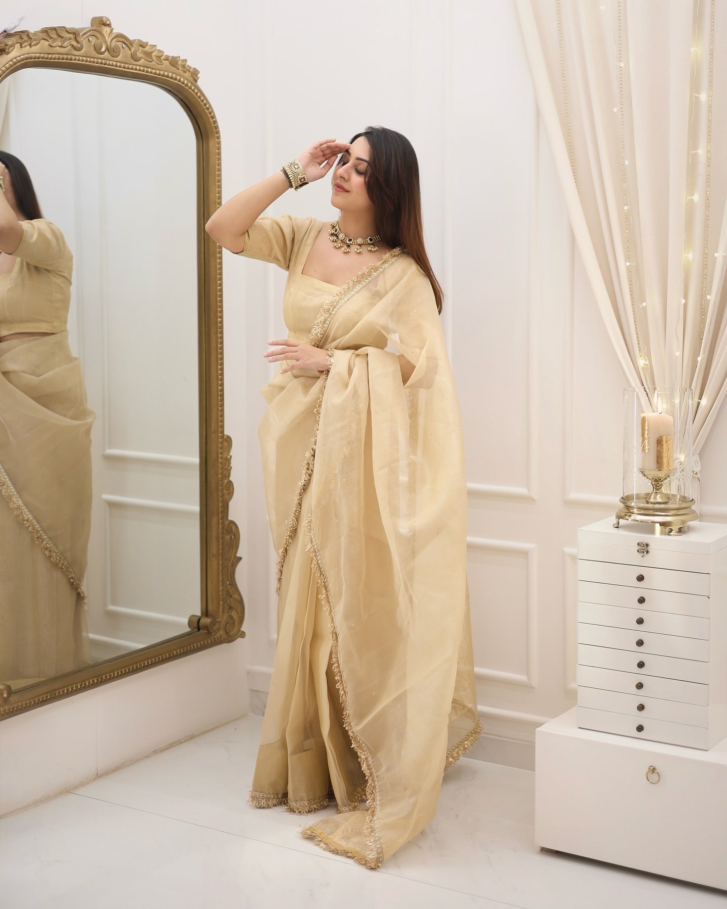 Gold Shimmer Saree with Matching Blouse – Elegant Party Wear