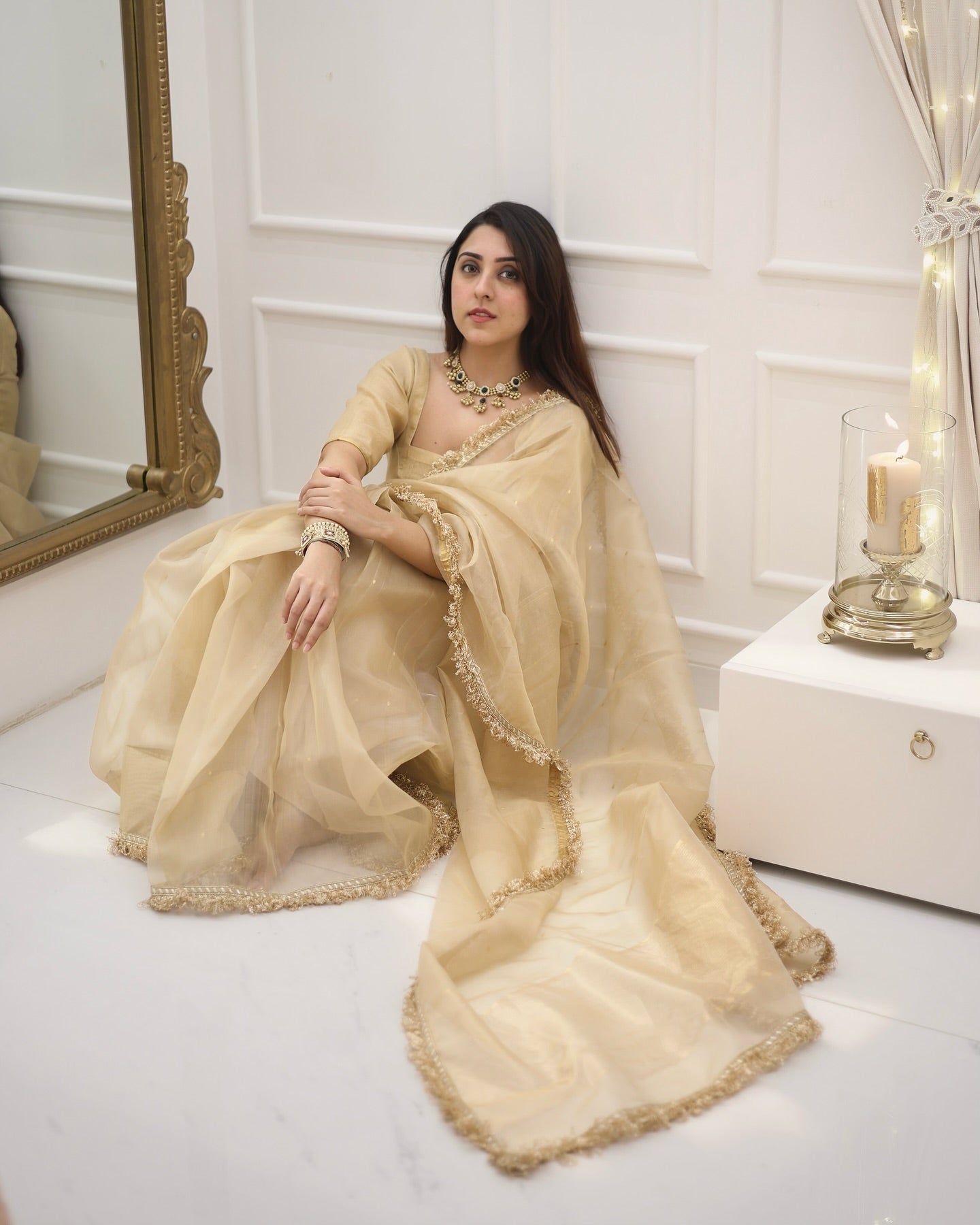 Gold Shimmer Saree with Matching Blouse – Elegant Party Wear