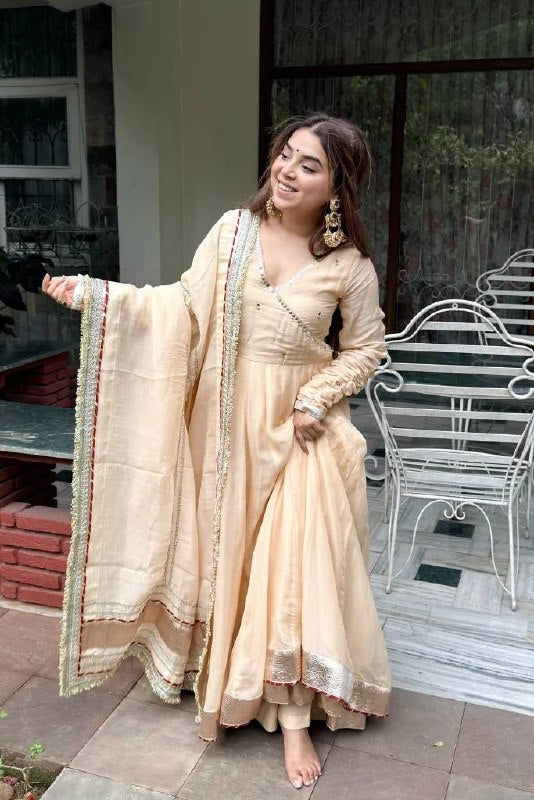 Ivory Cream Tabby Organza Silk Anarkali Lehenga Set with Dupatta | wedding wear for women