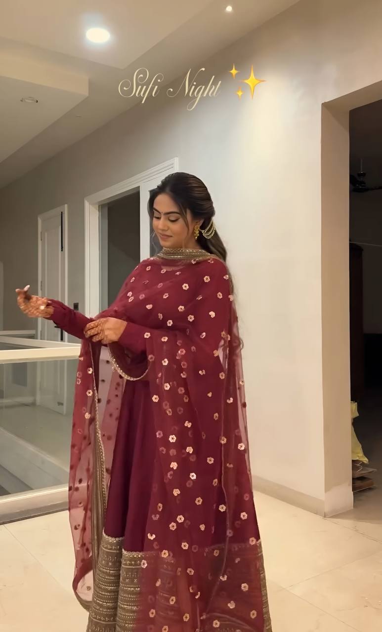 Maroon Kali-Cut Rayon Anarkali Suit Set with Heavy Coding Embroidery & Sequins Work