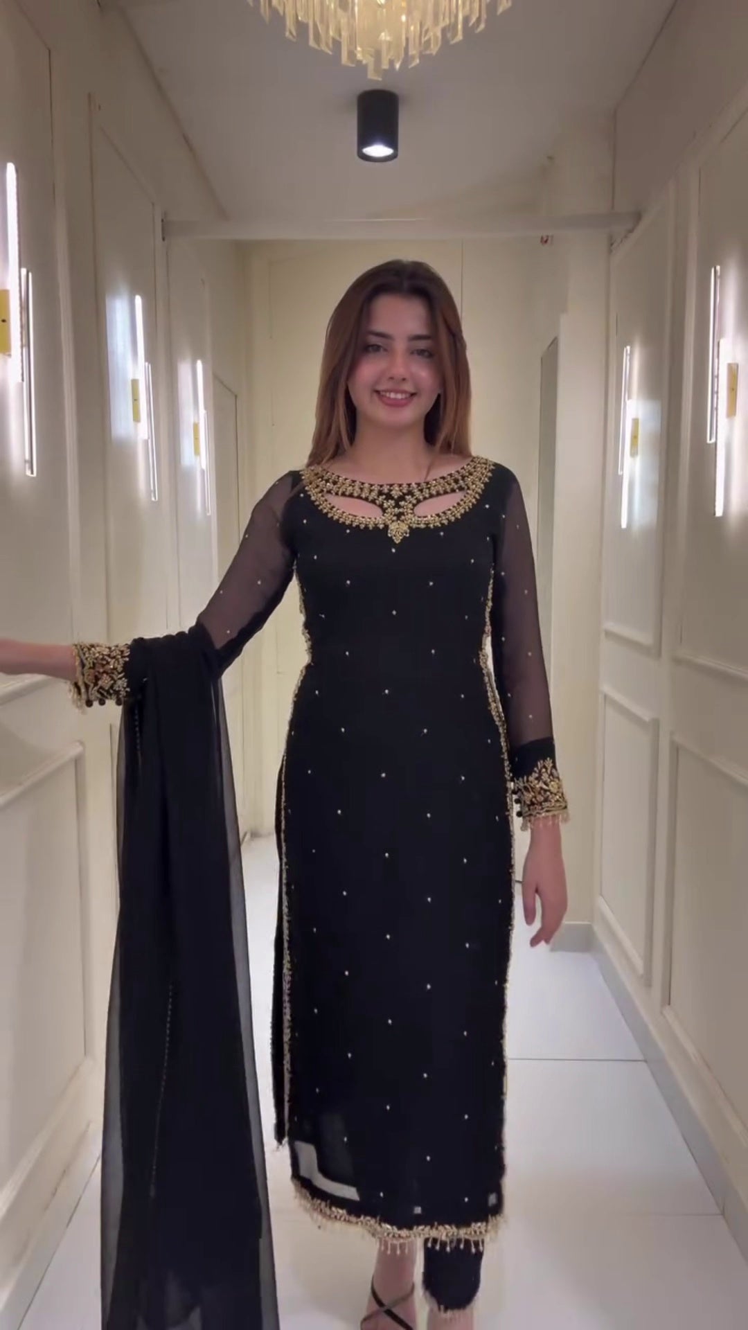 Elegant Faux Georgette Anarkali Kurti Set with Embroidery & Real Pearl Moti Work | Pant & Dupatta Included