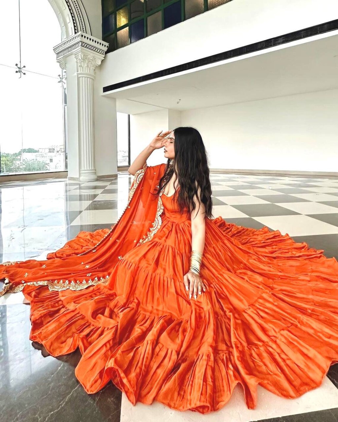 Beautiful Orange Color Ruffle Flair Anarkali Gown