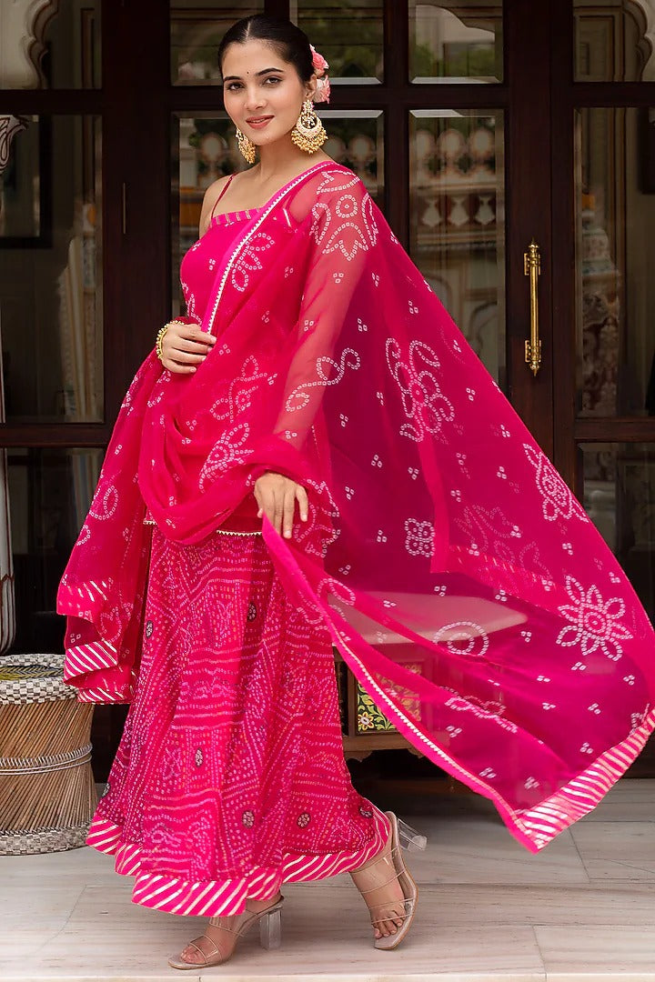 Pink Georgette Bandhej Palazzo Set with Dupatta for Women | Festive & Wedding Wear  Kurta Palazzo Set