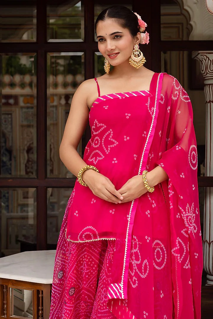 Pink Georgette Bandhej Palazzo Set with Dupatta for Women | Festive & Wedding Wear  Kurta Palazzo Set