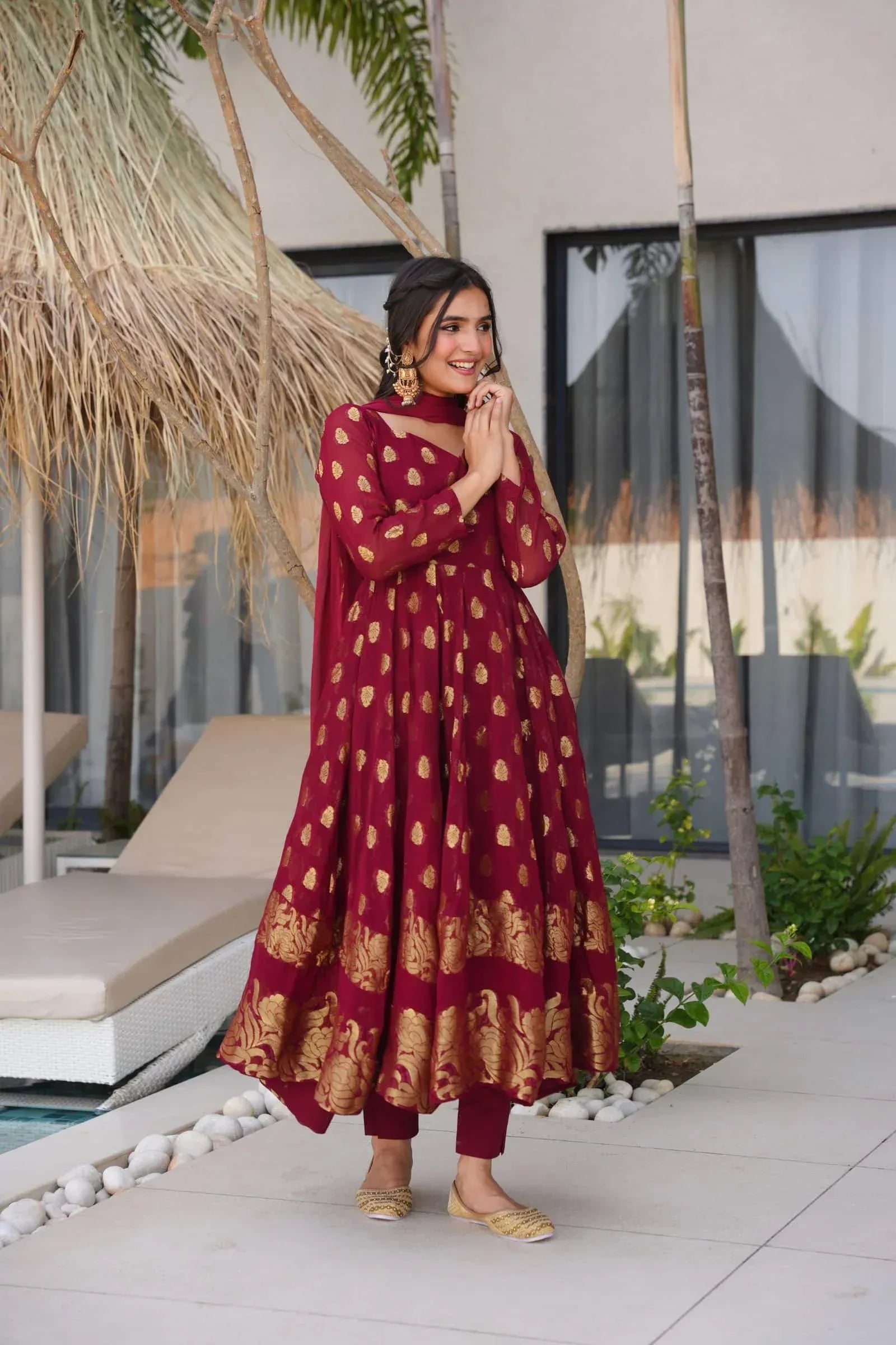 Maroon Anarkali Suit with Golden Zari Work & Dupatta – Festive Ethnic Wear