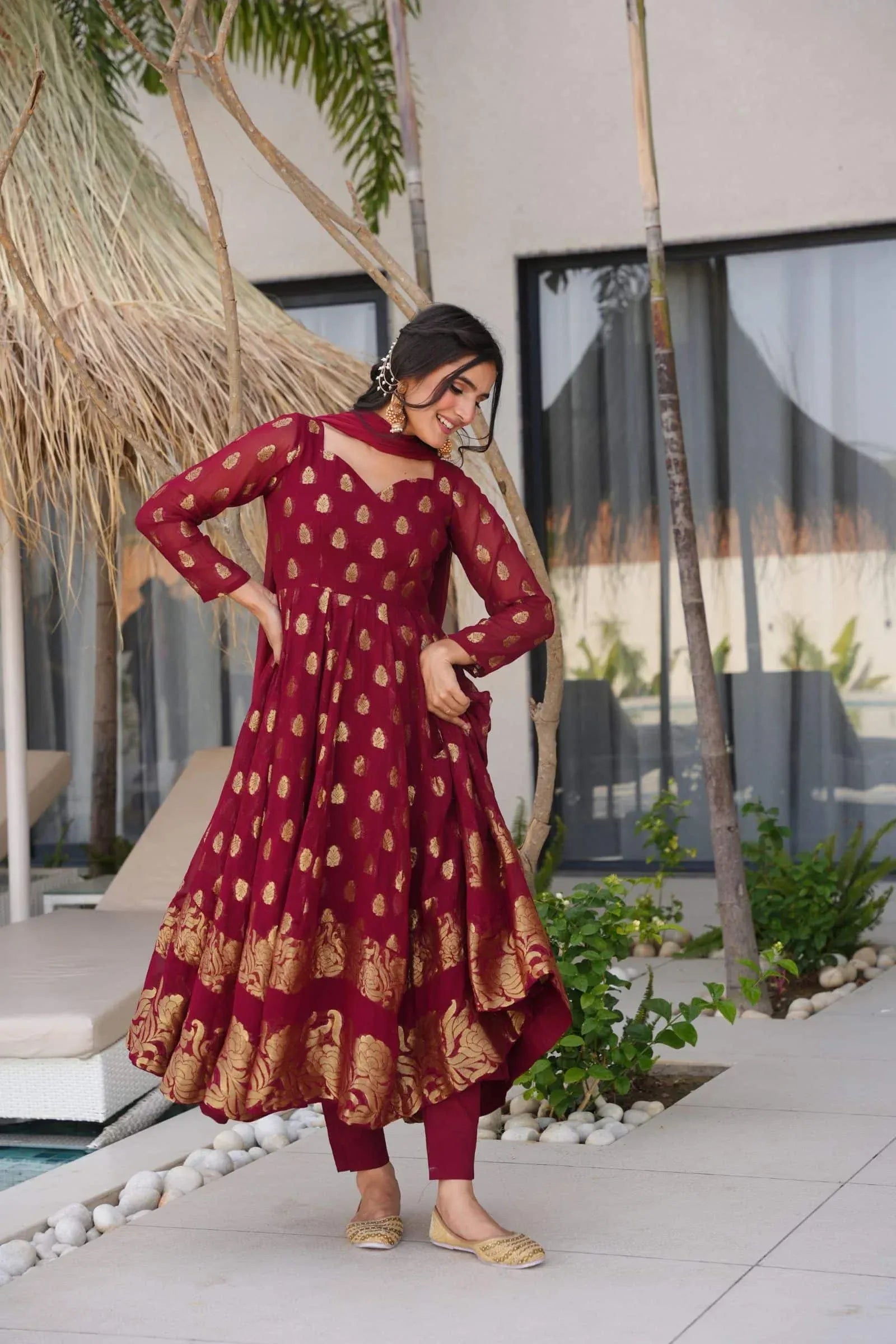 Maroon Anarkali Suit with Golden Zari Work & Dupatta – Festive Ethnic Wear