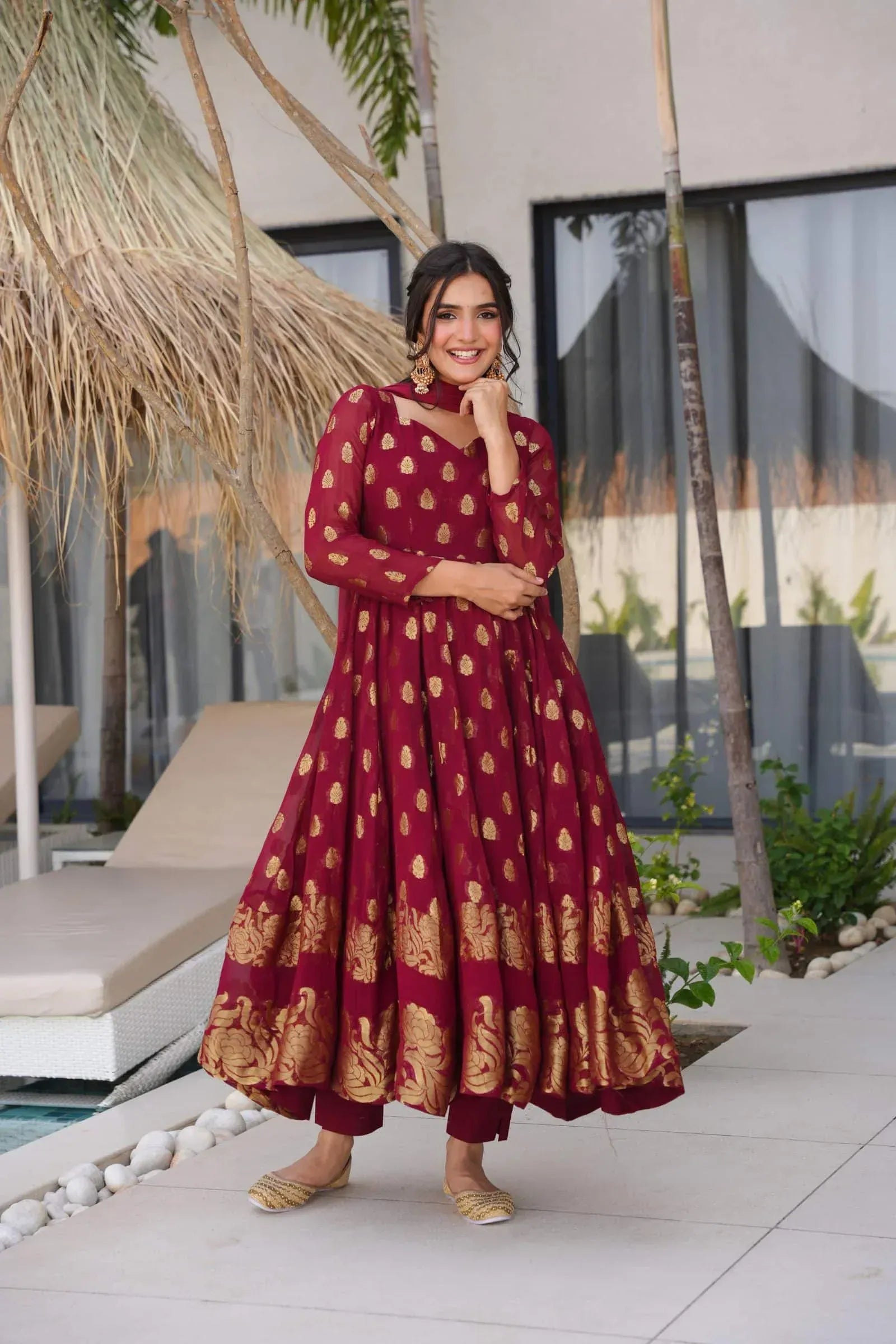 Maroon Anarkali Suit with Golden Zari Work & Dupatta – Festive Ethnic Wear