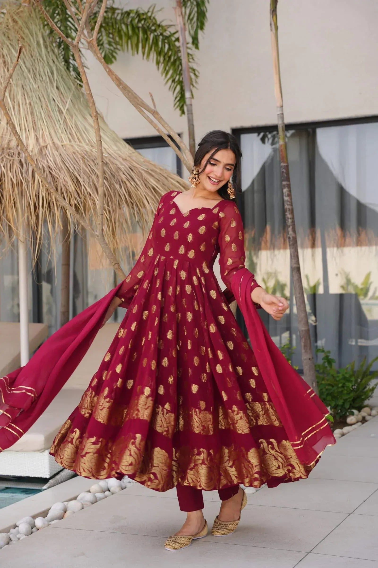 Maroon Anarkali Suit with Golden Zari Work & Dupatta – Festive Ethnic Wear