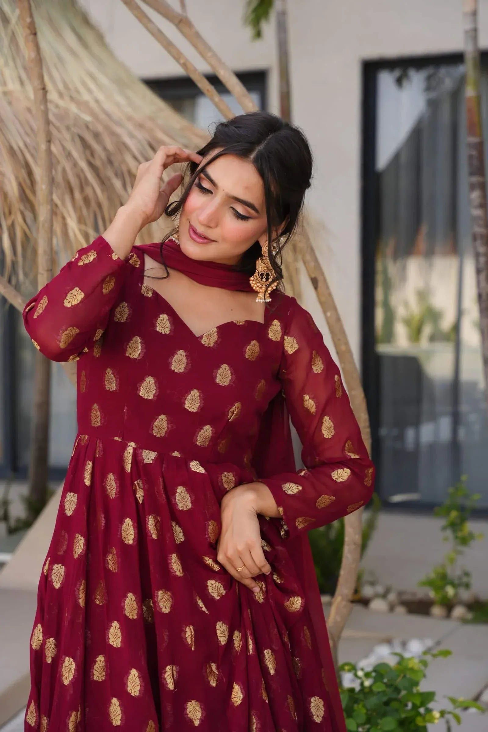 Maroon Anarkali Suit with Golden Zari Work & Dupatta – Festive Ethnic Wear