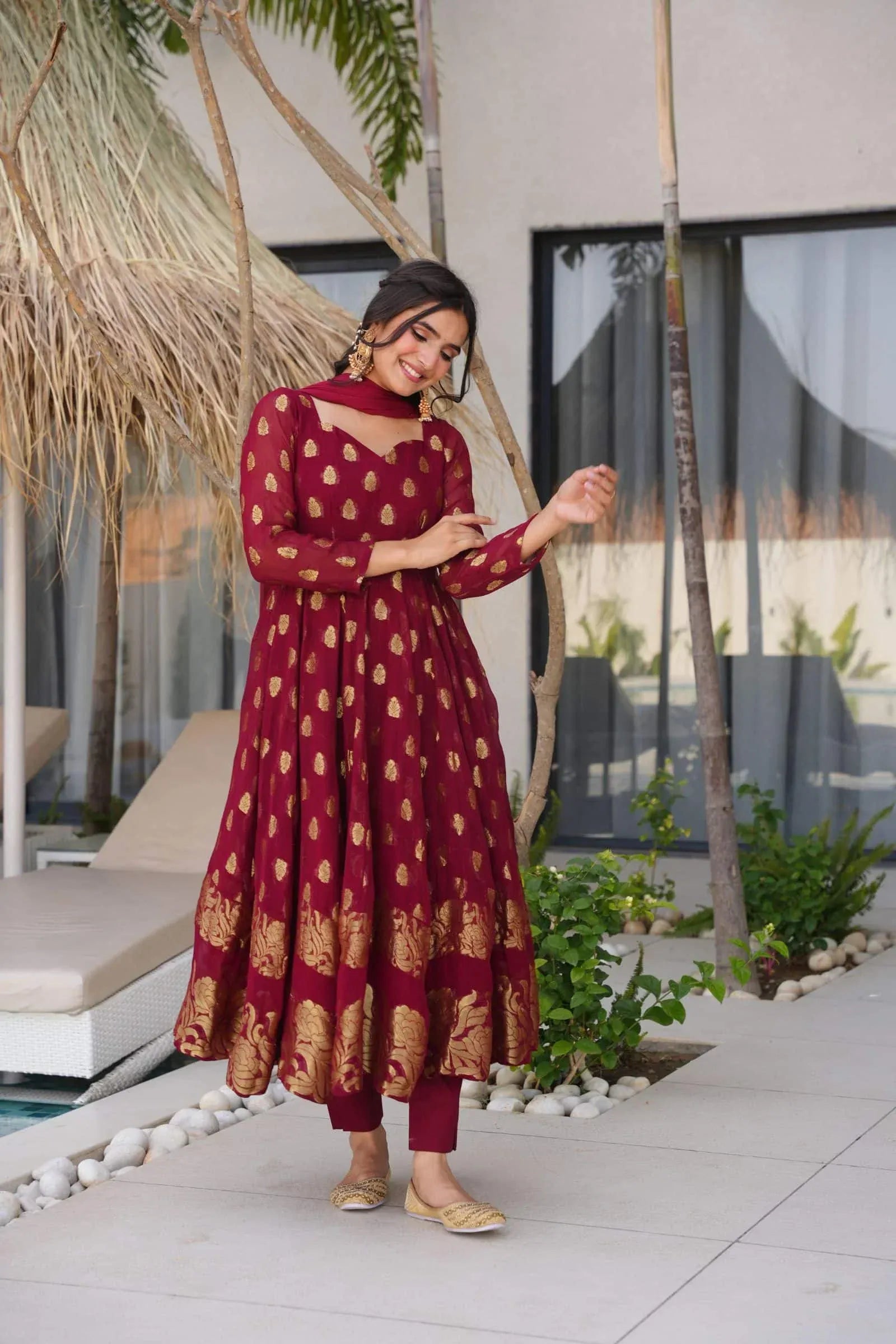 Maroon Anarkali Suit with Golden Zari Work & Dupatta – Festive Ethnic Wear