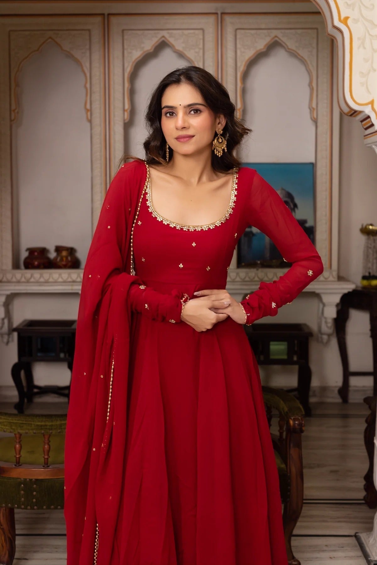 red anarkali dress Embroidered Silk Crafted from luxurious Pure Blooming Georgette Elegant Red Anarkali Suit with