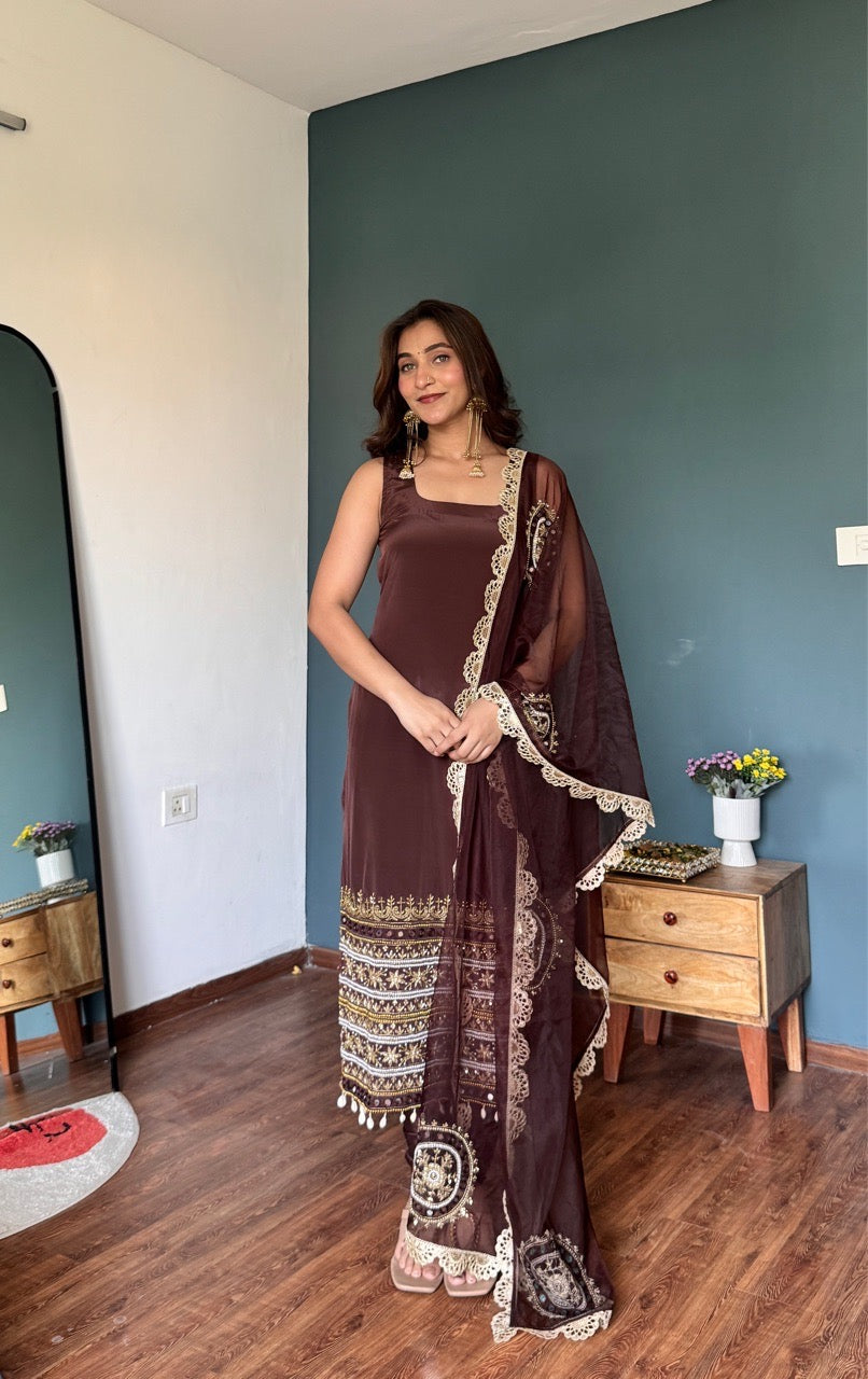 Festival Wear Chocolate Brown Designer Palazzo Suit Set for Women