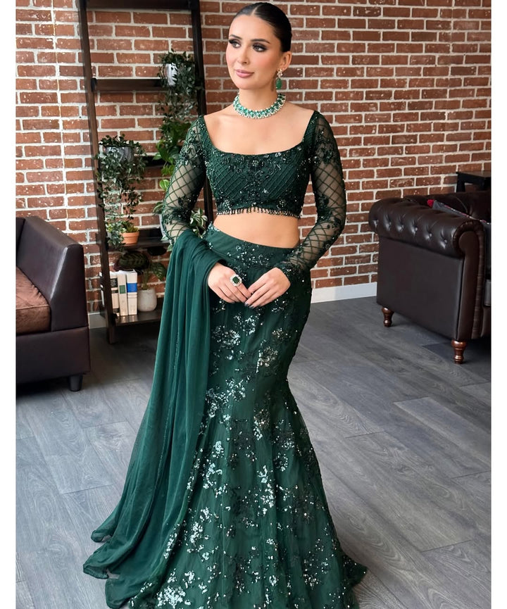 Royal Green Bollywood Style Fish Cut Lehenga Choli with Sequins Work | Designer Sangeet & Farewell Wear