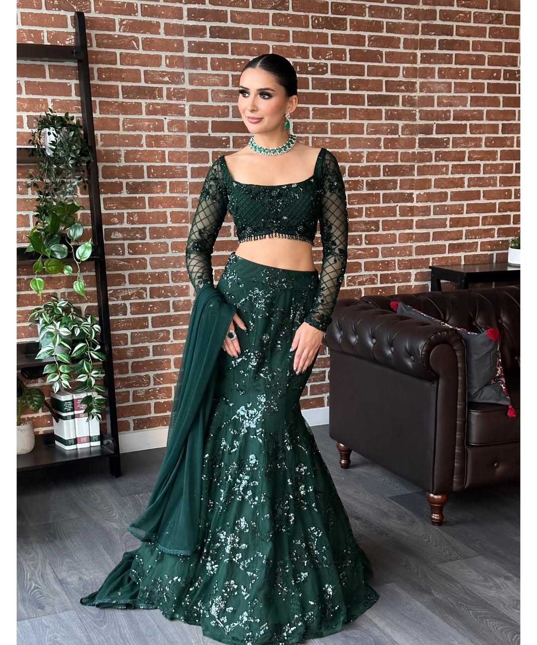 Royal Green Bollywood Style Fish Cut Lehenga Choli with Sequins Work | Designer Sangeet & Farewell Wear