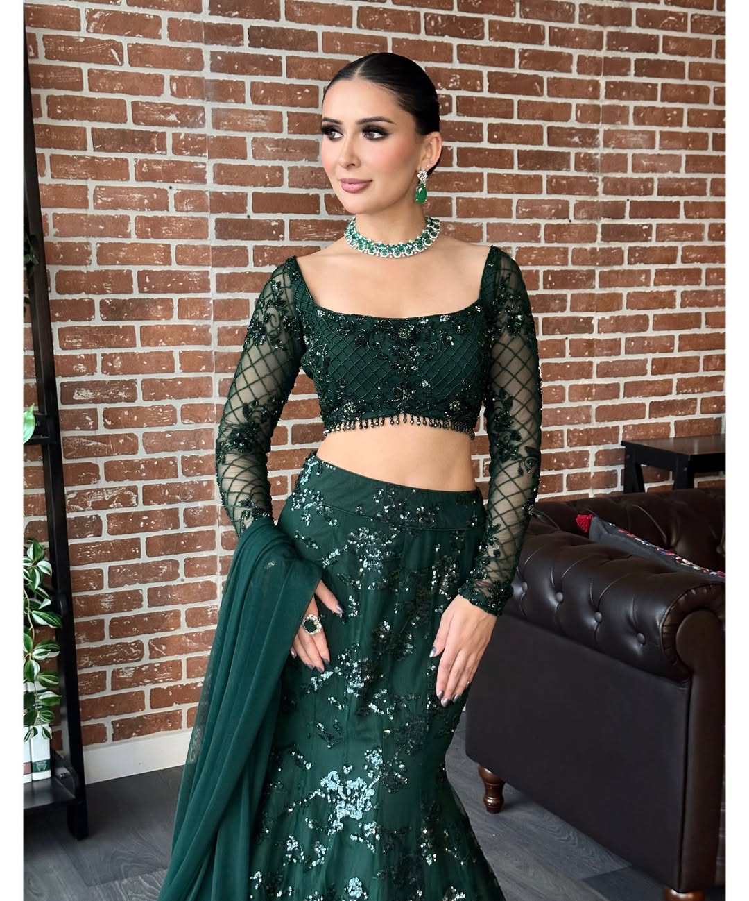 Royal Green Bollywood Style Fish Cut Lehenga Choli with Sequins Work | Designer Sangeet & Farewell Wear