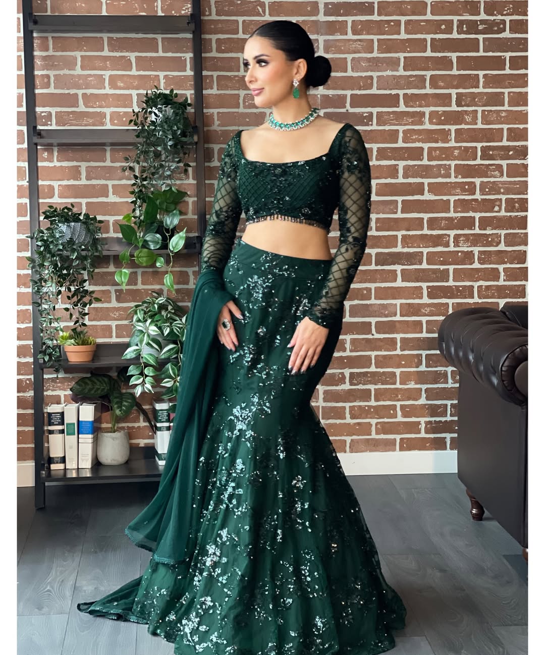 Royal Green Bollywood Style Fish Cut Lehenga Choli with Sequins Work | Designer Sangeet & Farewell Wear