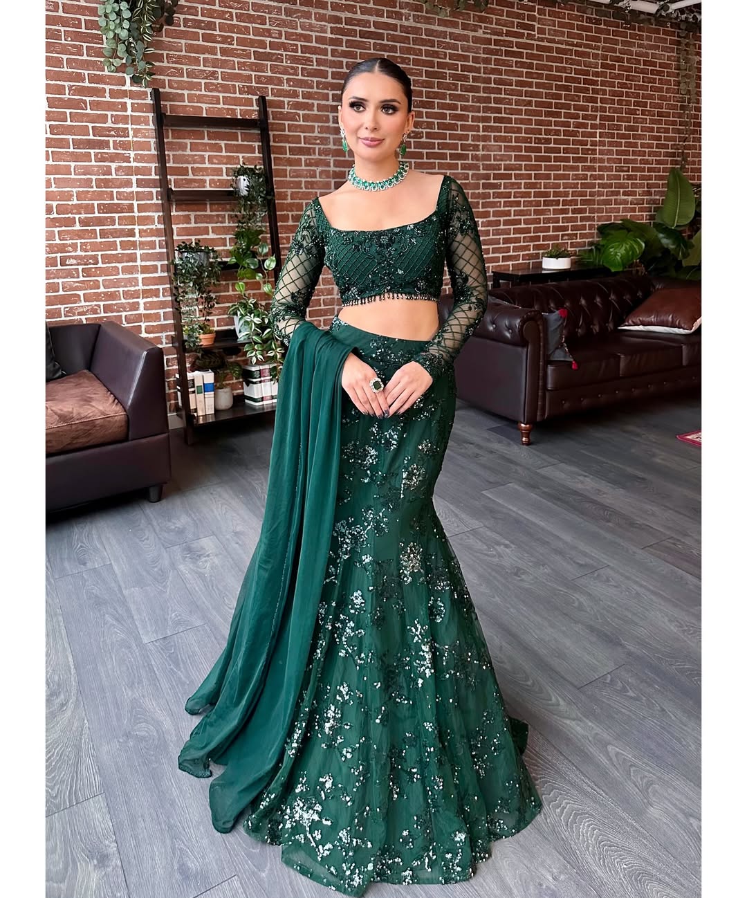 Royal Green Bollywood Style Fish Cut Lehenga Choli with Sequins Work | Designer Sangeet & Farewell Wear
