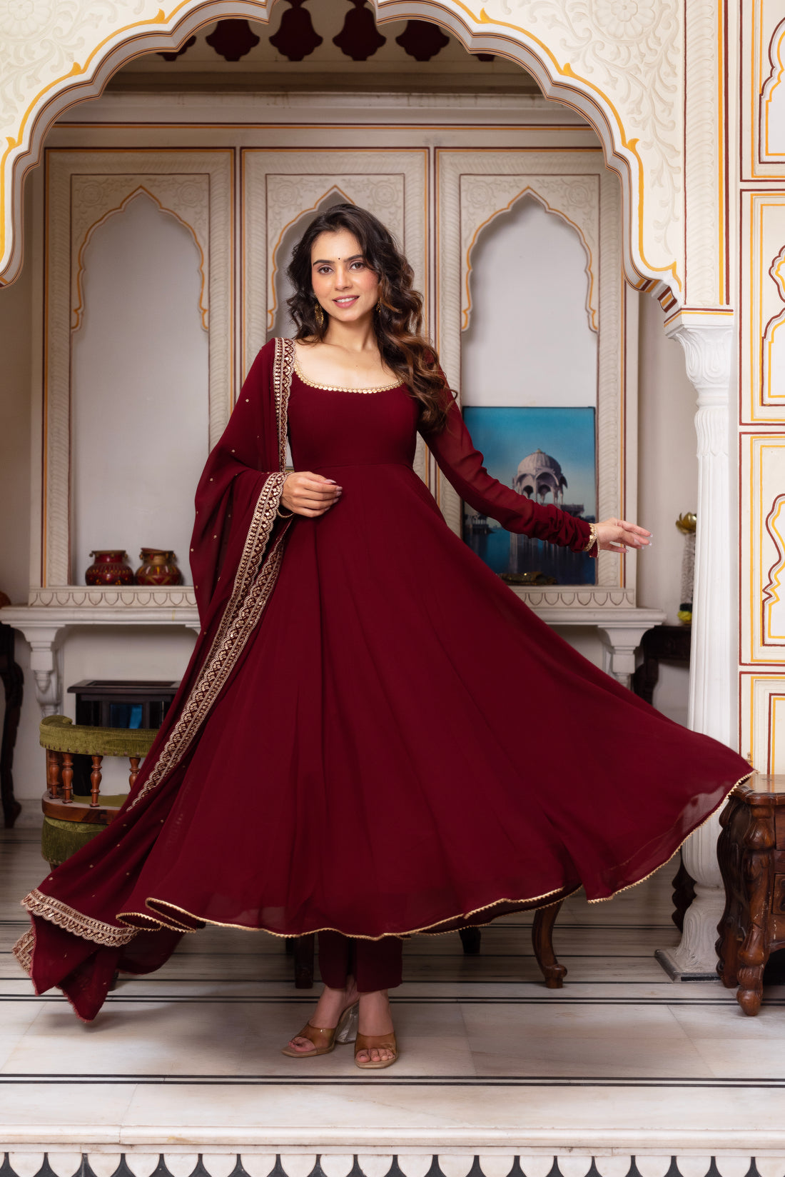 Maroon Color Faux Georgette Anarkali Suit Set For Functions Wear