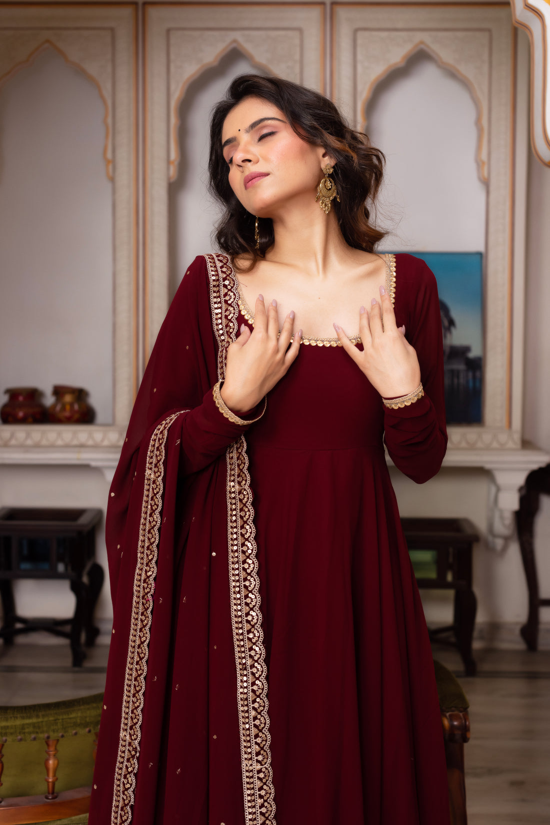 Maroon Color Faux Georgette Anarkali Suit Set For Functions Wear