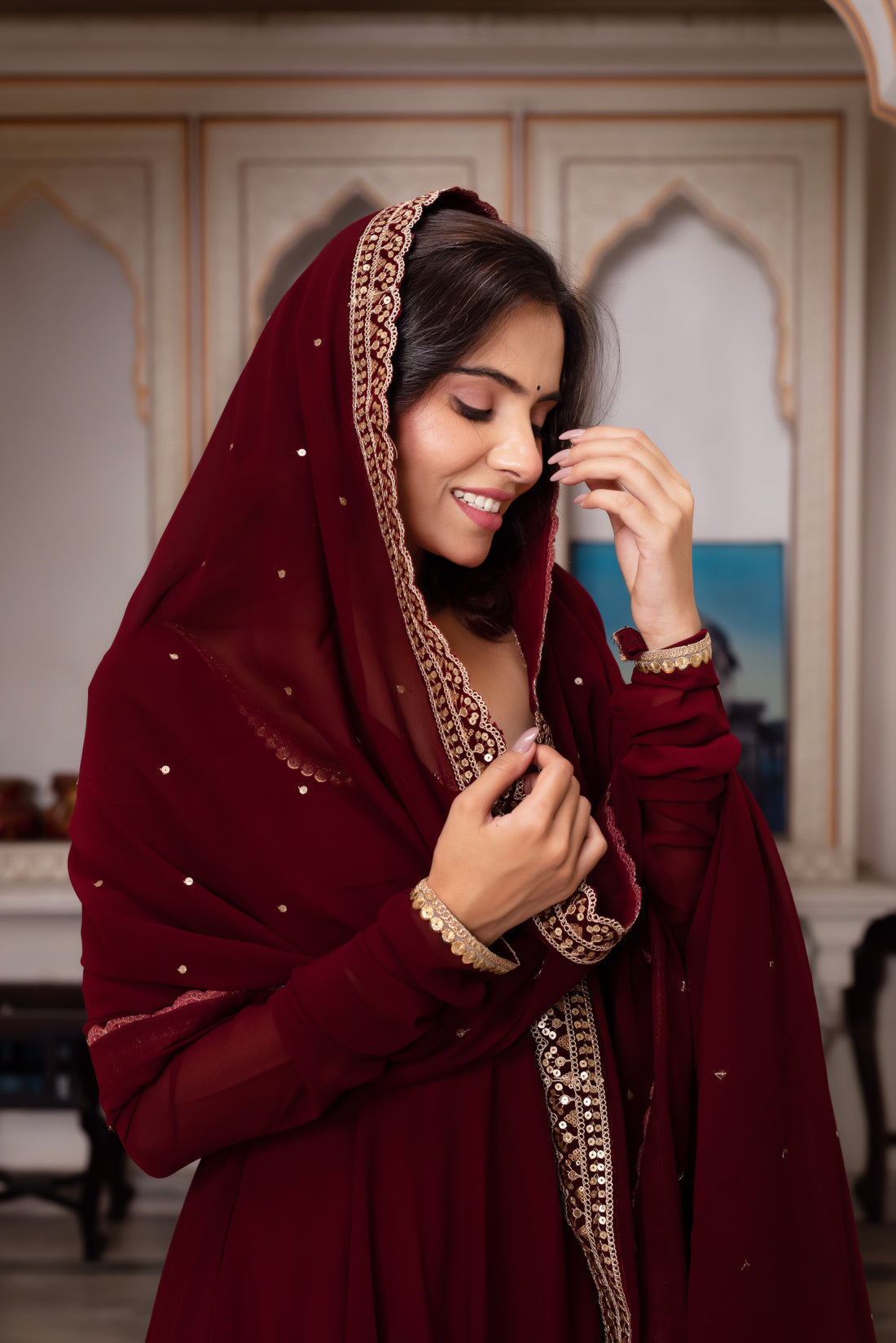 Maroon Color Faux Georgette Anarkali Suit Set For Functions Wear