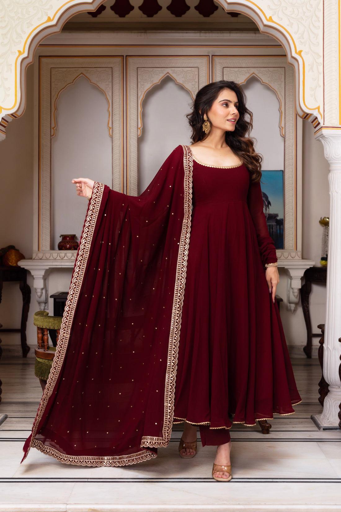 Maroon Color Faux Georgette Anarkali Suit Set For Functions Wear