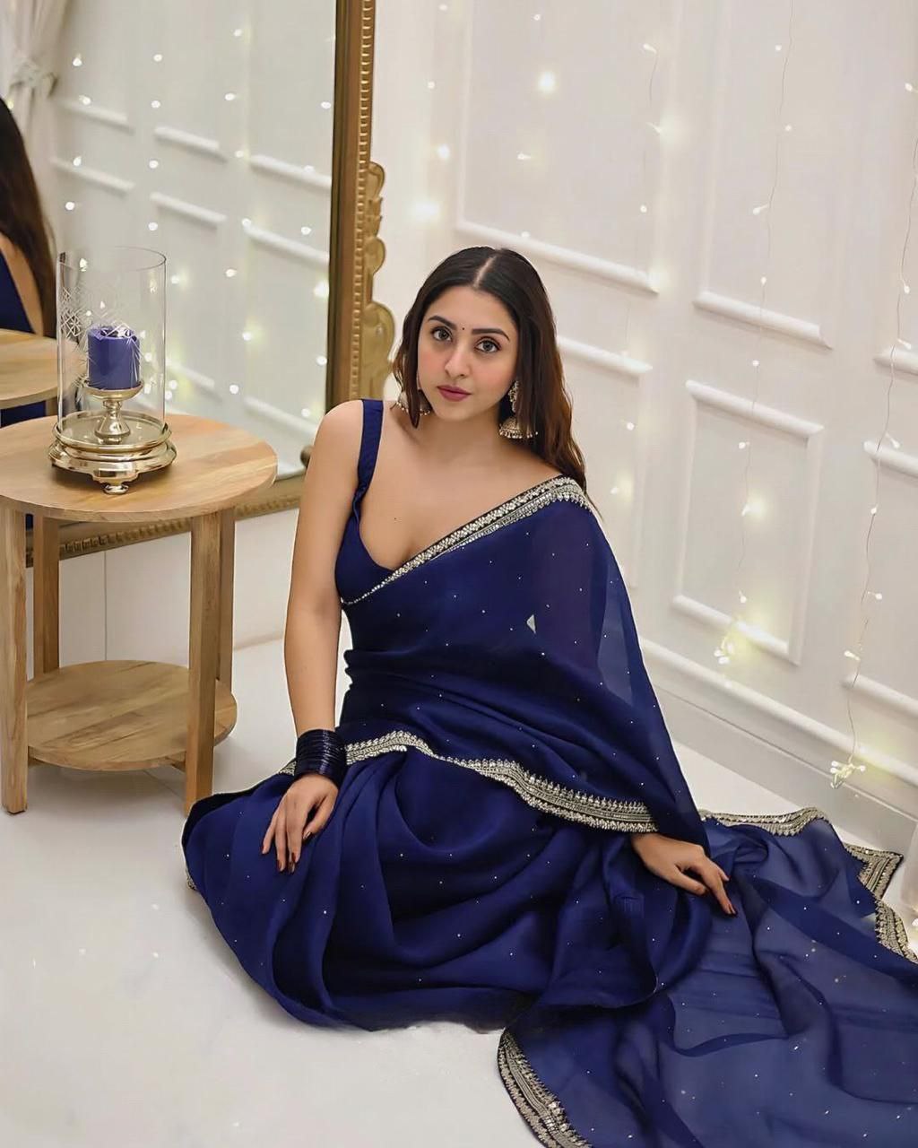 Party Wear Navy Blue Organza Silk Saree with Embroidery, Sequins & Diamond Work