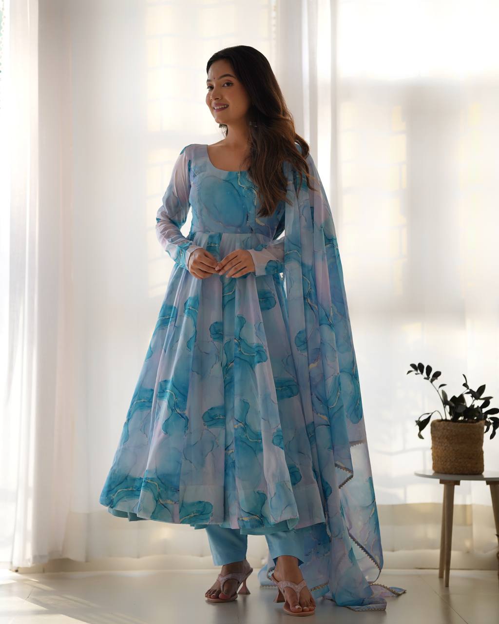 Function Wear Ocean Mist Marble Print Serenity Anarkali Suit