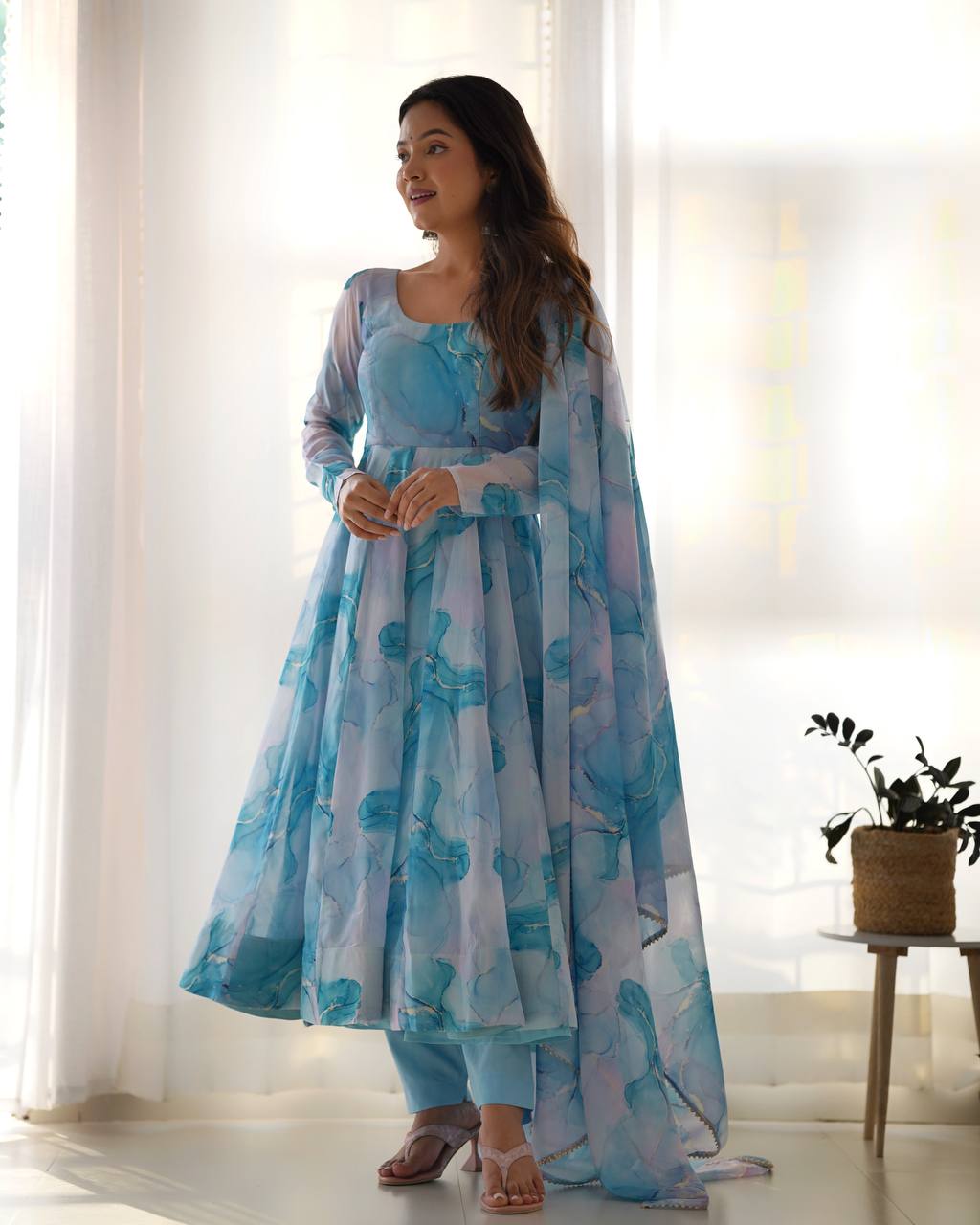 Function Wear Ocean Mist Marble Print Serenity Anarkali Suit