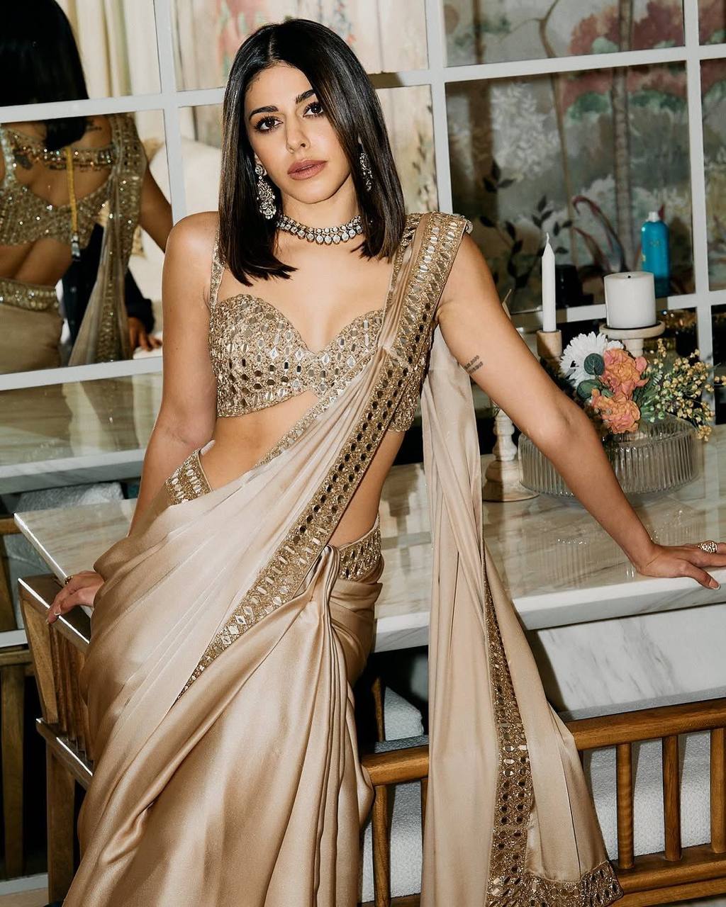 Pure Satin Silk Saree with Mirror & Embroidery Work – Festive & Party Wear