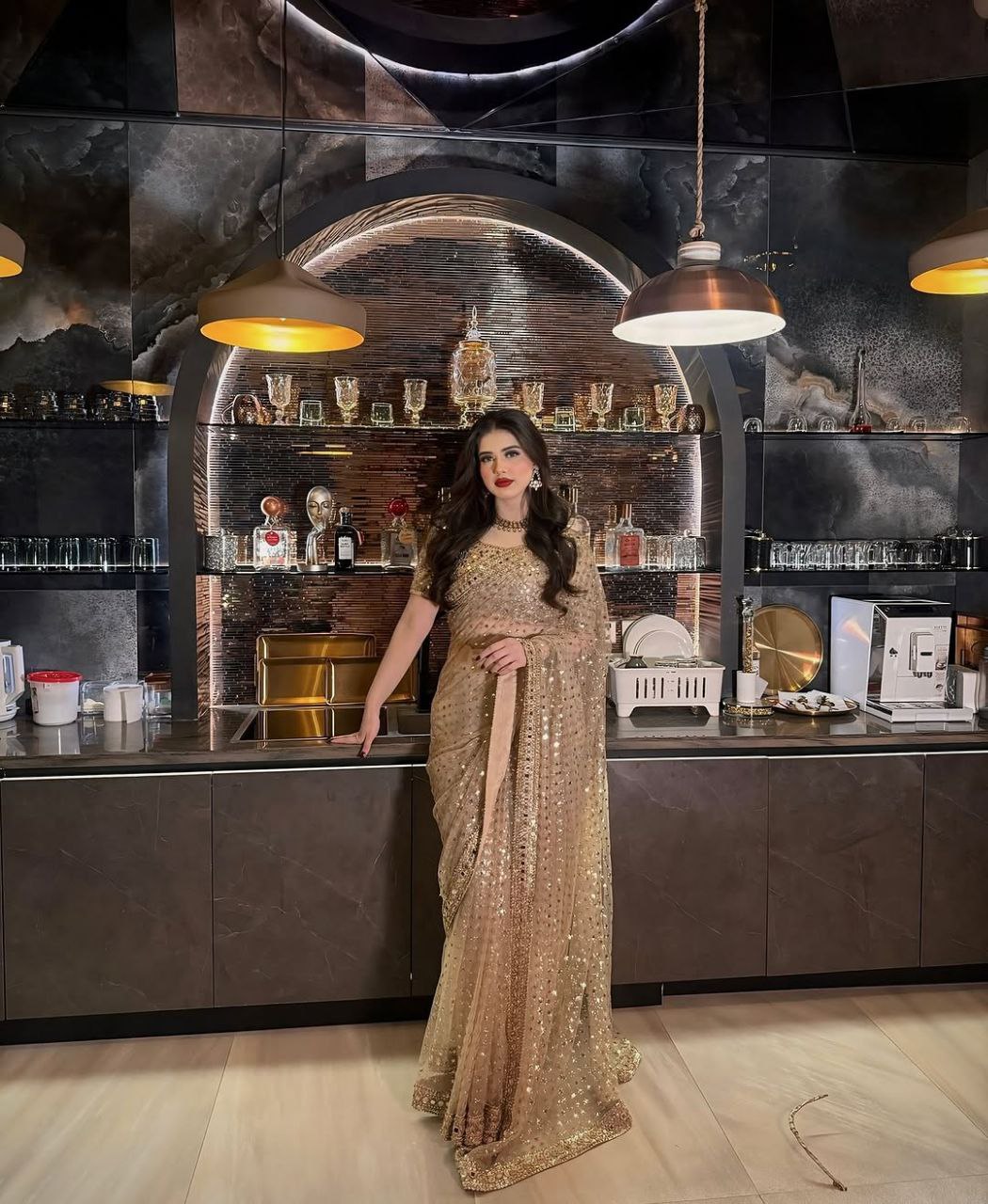 Golden Mirror Work Net Saree | Wedding & Party Wear Saree