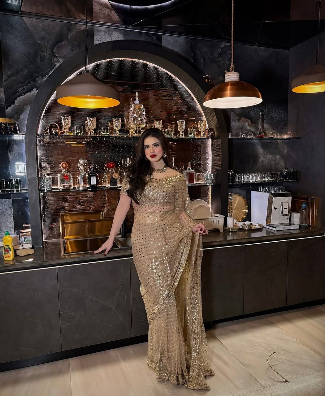 Golden Mirror Work Net Saree | Wedding & Party Wear Saree