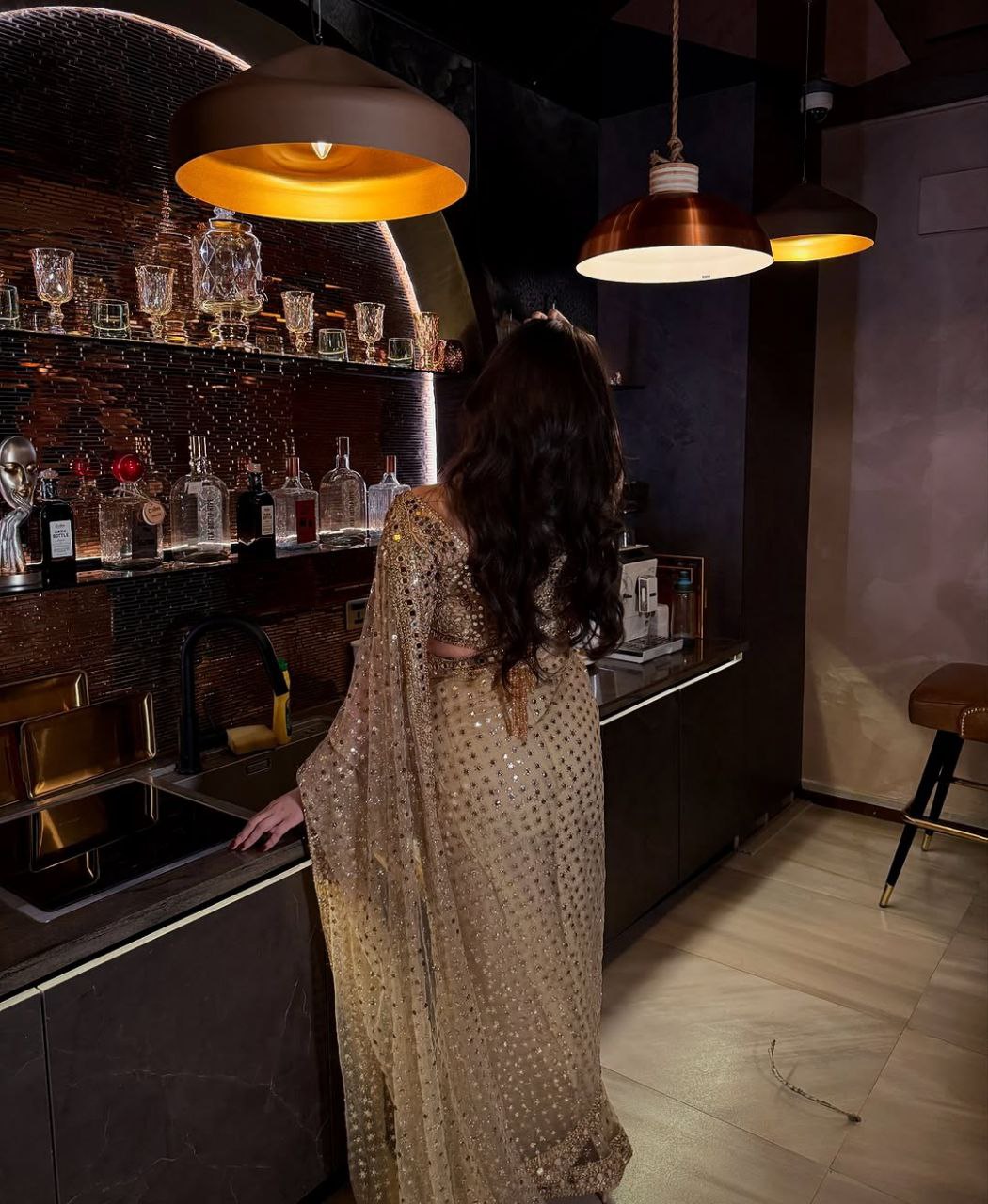 Golden Mirror Work Net Saree | Wedding & Party Wear Saree