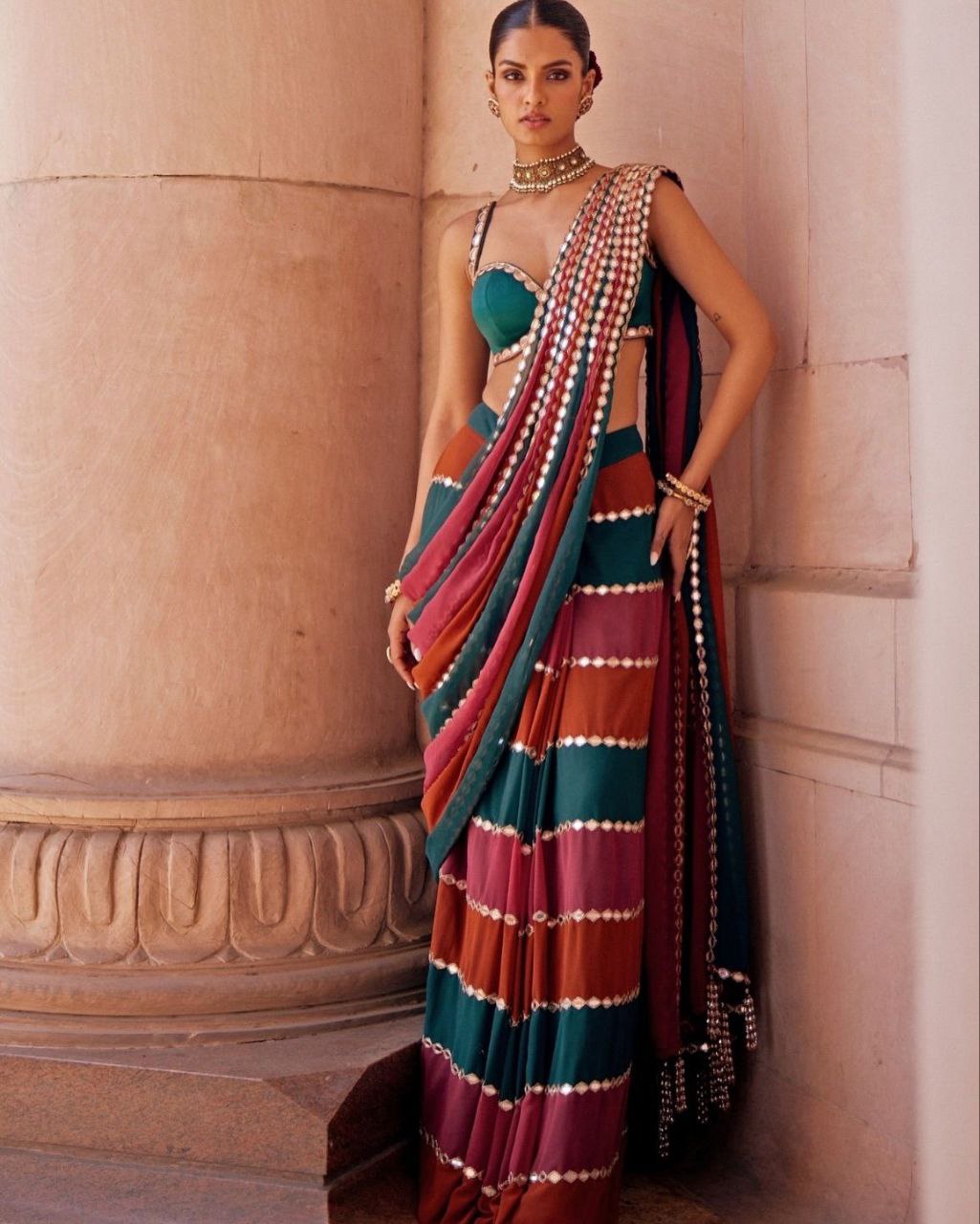 Designer Multicolor Mirror Work Faux Georgette Saree with Banglori Silk Blouse