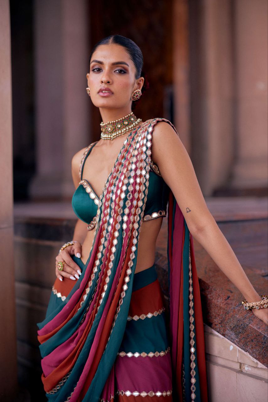 Designer Multicolor Mirror Work Faux Georgette Saree with Banglori Silk Blouse