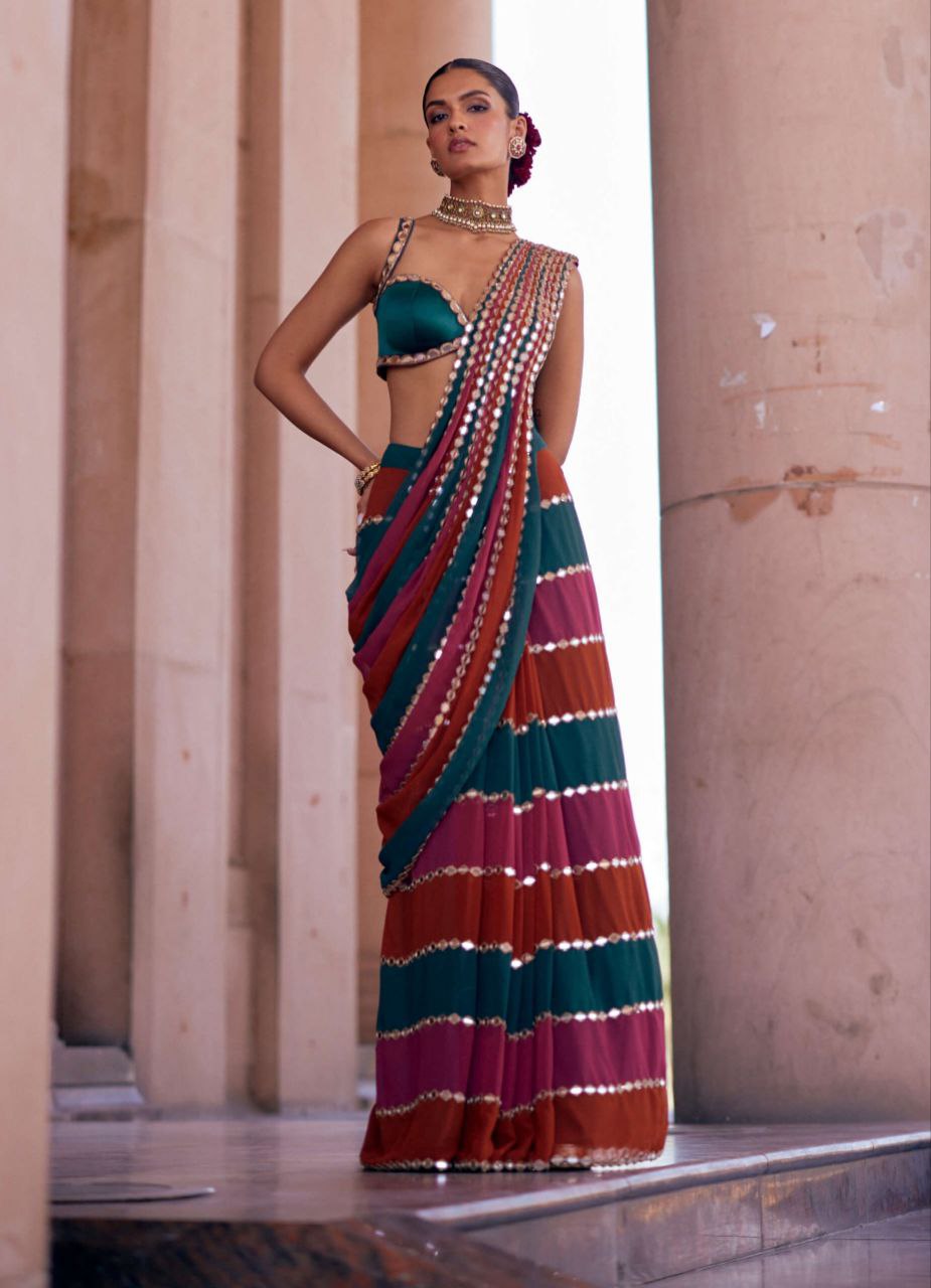 Designer Multicolor Mirror Work Faux Georgette Saree with Banglori Silk Blouse