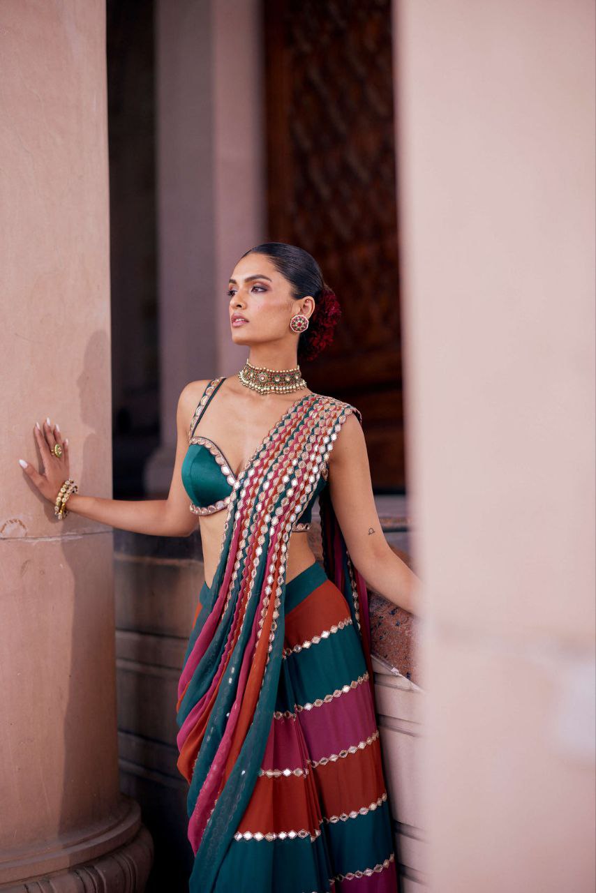 Designer Multicolor Mirror Work Faux Georgette Saree with Banglori Silk Blouse