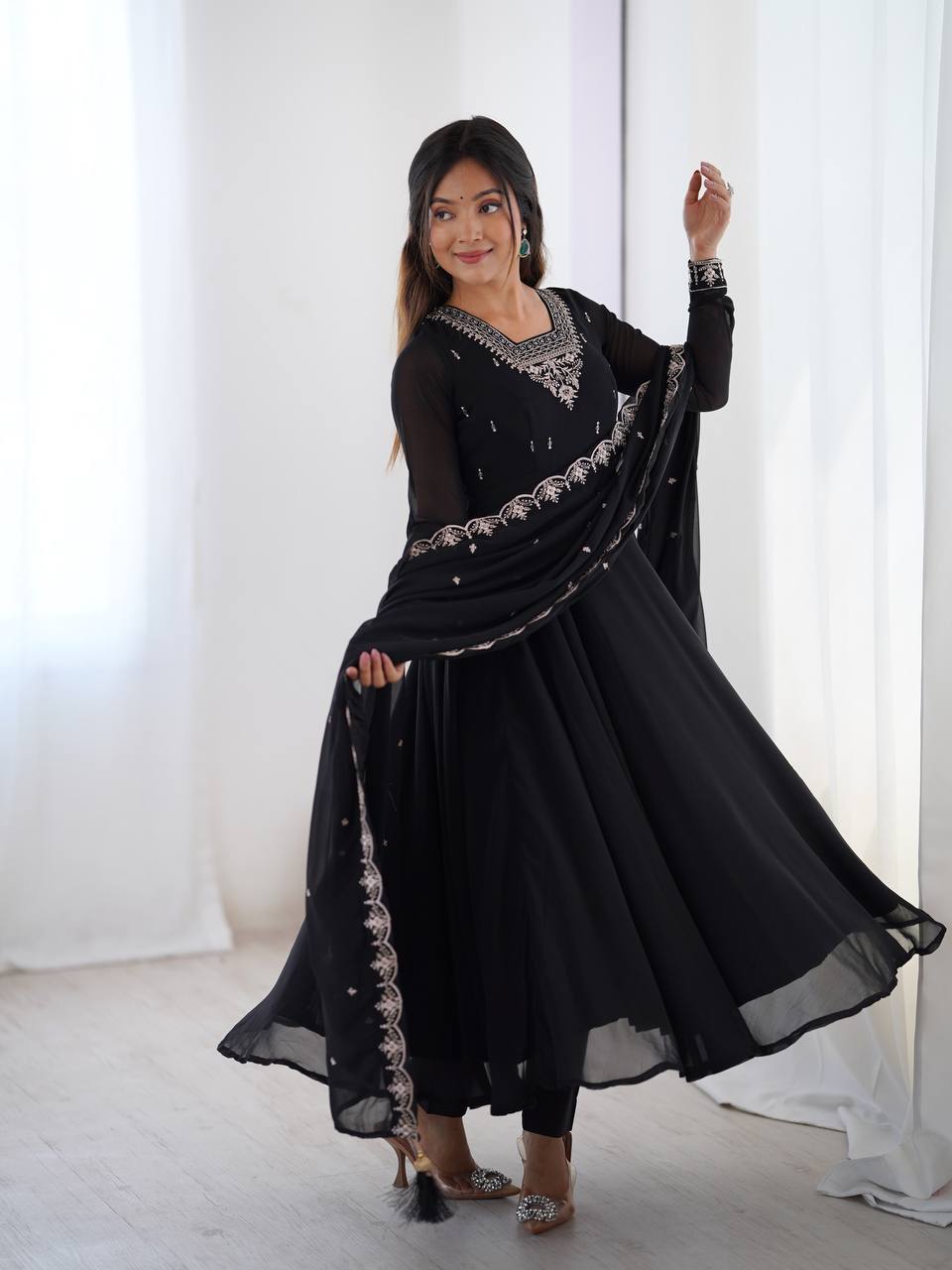 Party Wear Black Embroidered Georgette Anarkali Set