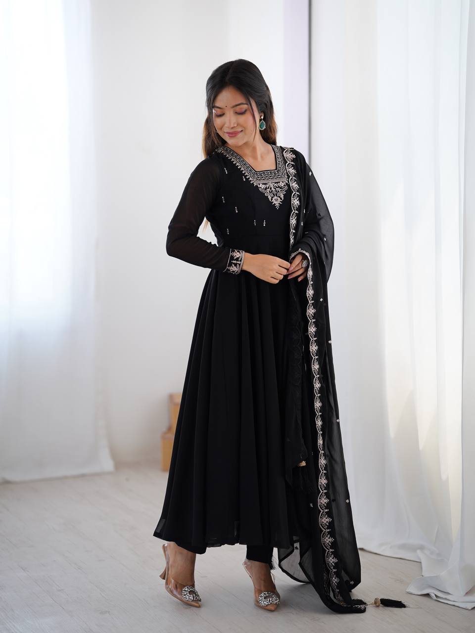 Party Wear Black Embroidered Georgette Anarkali Set