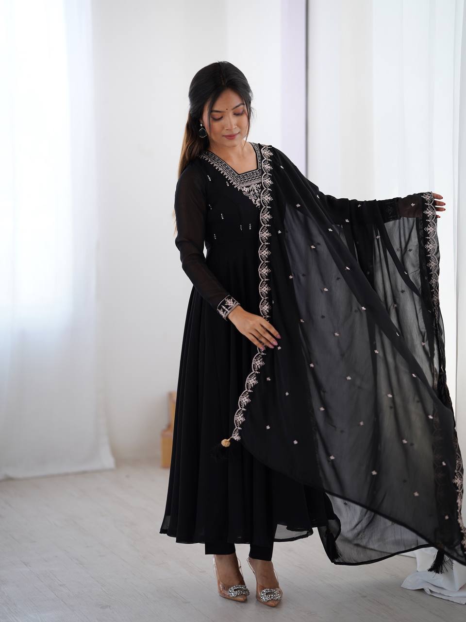 Party Wear Black Embroidered Georgette Anarkali Set