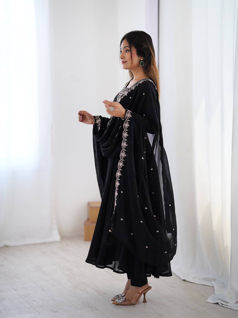 Party Wear Black Embroidered Georgette Anarkali Set