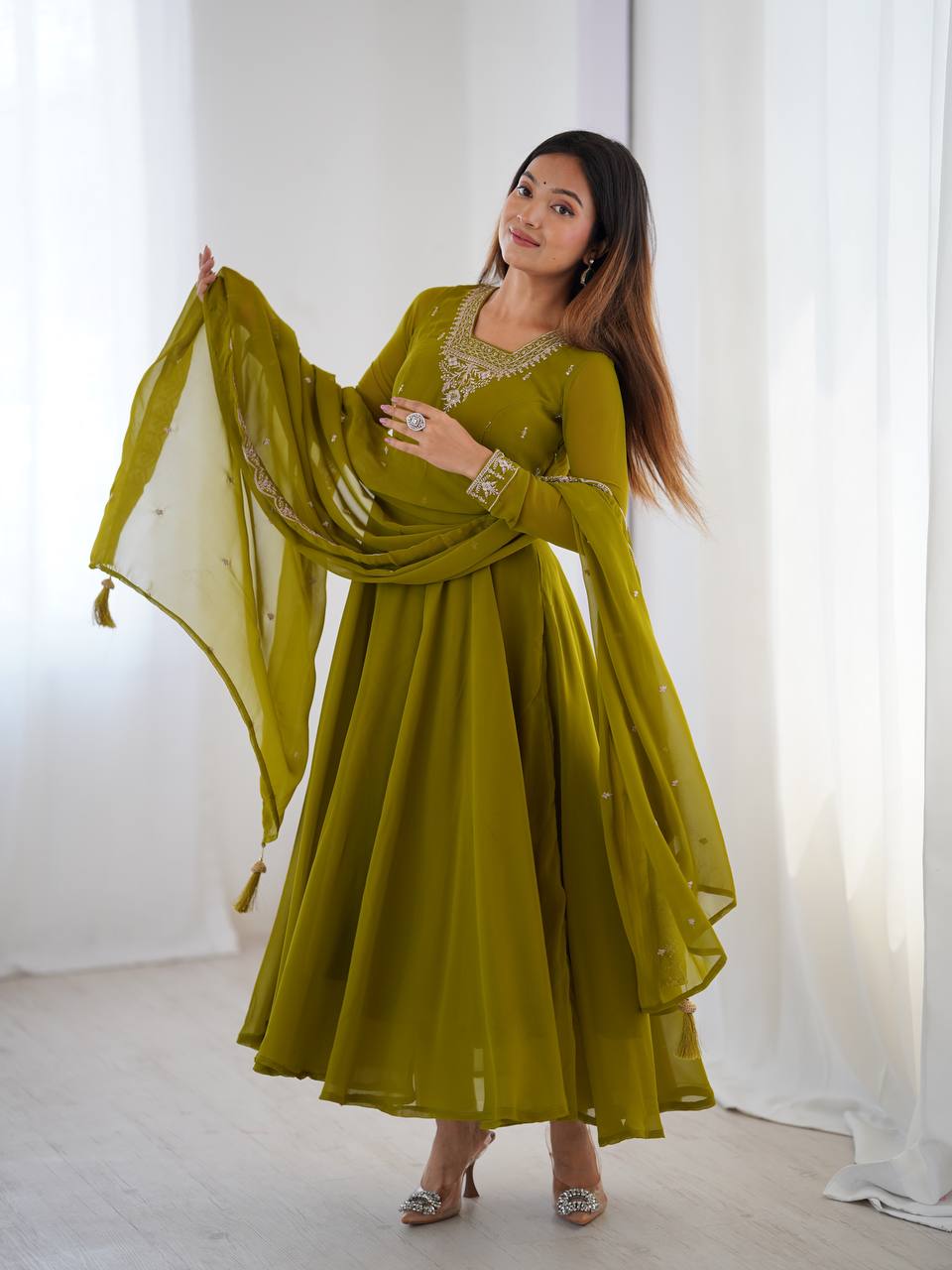 Party Wear Verdant Grace: Embroidered  Anarkali Gown